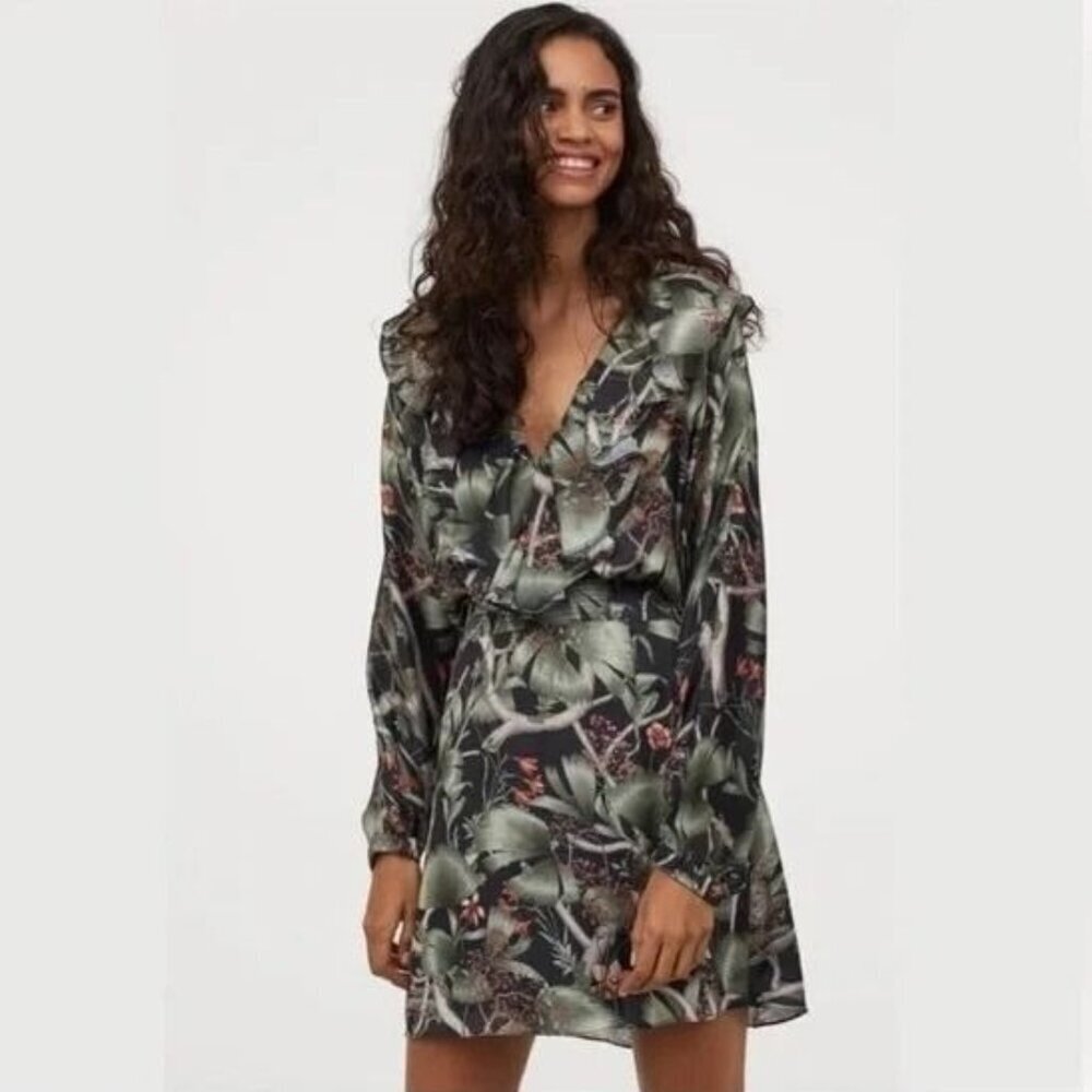 Joanna Ortiz X H&M Tropical Floral Long Sleeve Mini Dress Green Women's XL
